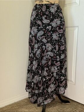 Kathi Lee Black Paisley Chiffon Handkerchief Hemline Maxi Skirt